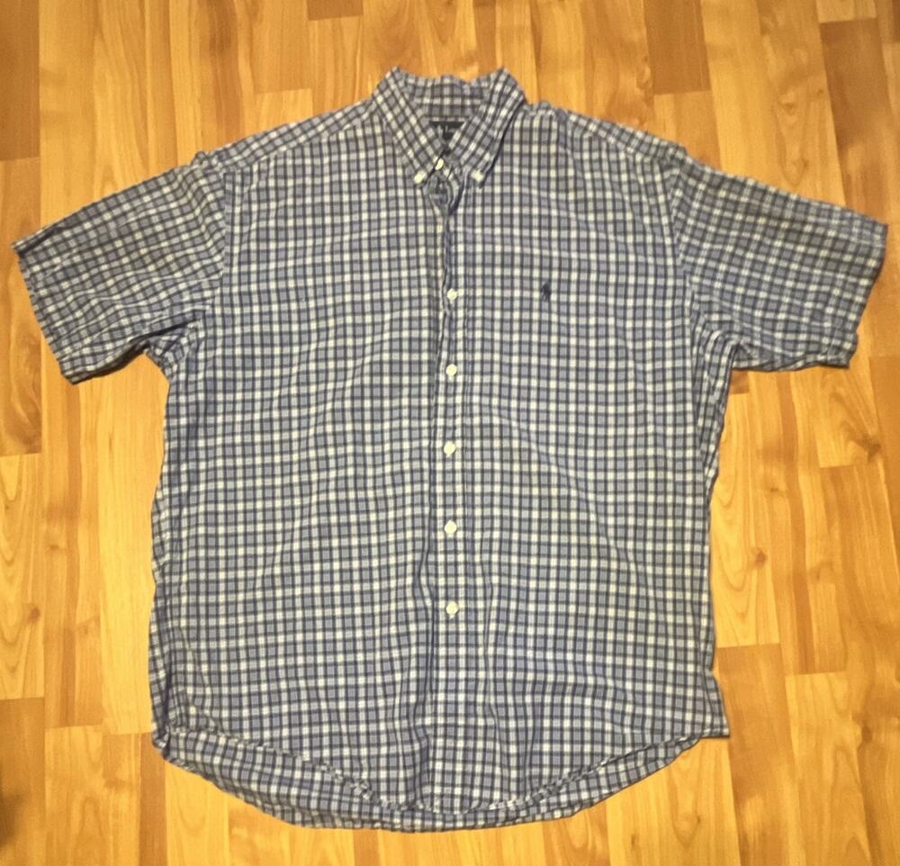 Ralph Lauren Classic Fit Men's L Blue/White Plaid Woven Cotton BD Shirt SS